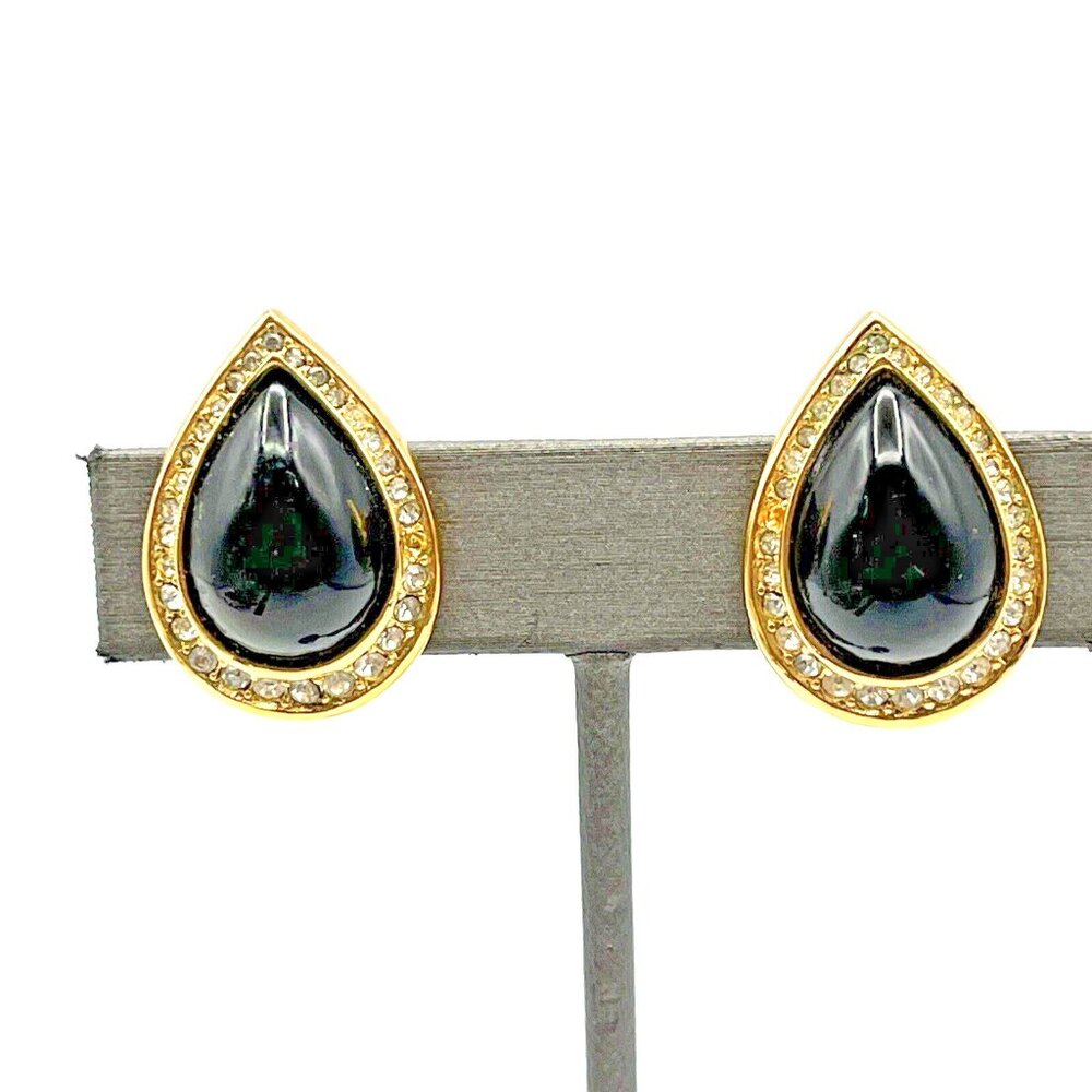 Vintage CHRISTIAN DIOR Pave Crystal Black Cabochon Clip On Earrings Gold Tone